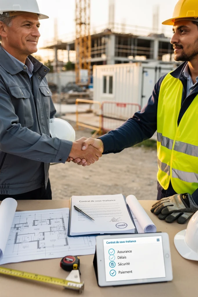 Deux ouvriers sont sur un chantier et se serrent la main. Ils viennent de signer un contrat de sous-traitance dans le BTP