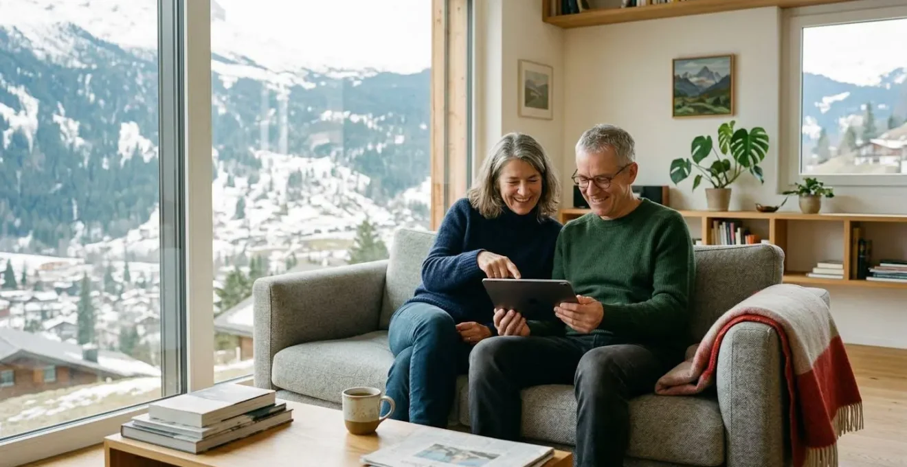 Un couple d'âge mûr assis dans un salon contemporain consulte ensemble une tablette, lumière naturelle provenant de grandes fenêtres.