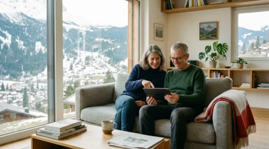 Un couple d'âge mûr assis dans un salon contemporain consulte ensemble une tablette, lumière naturelle provenant de grandes fenêtres.