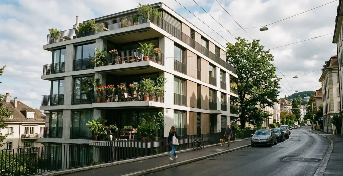 Vue extérieure d'un immeuble résidentiel contemporain suisse avec balcons et verdure, architecture épurée typique de Lausanne.