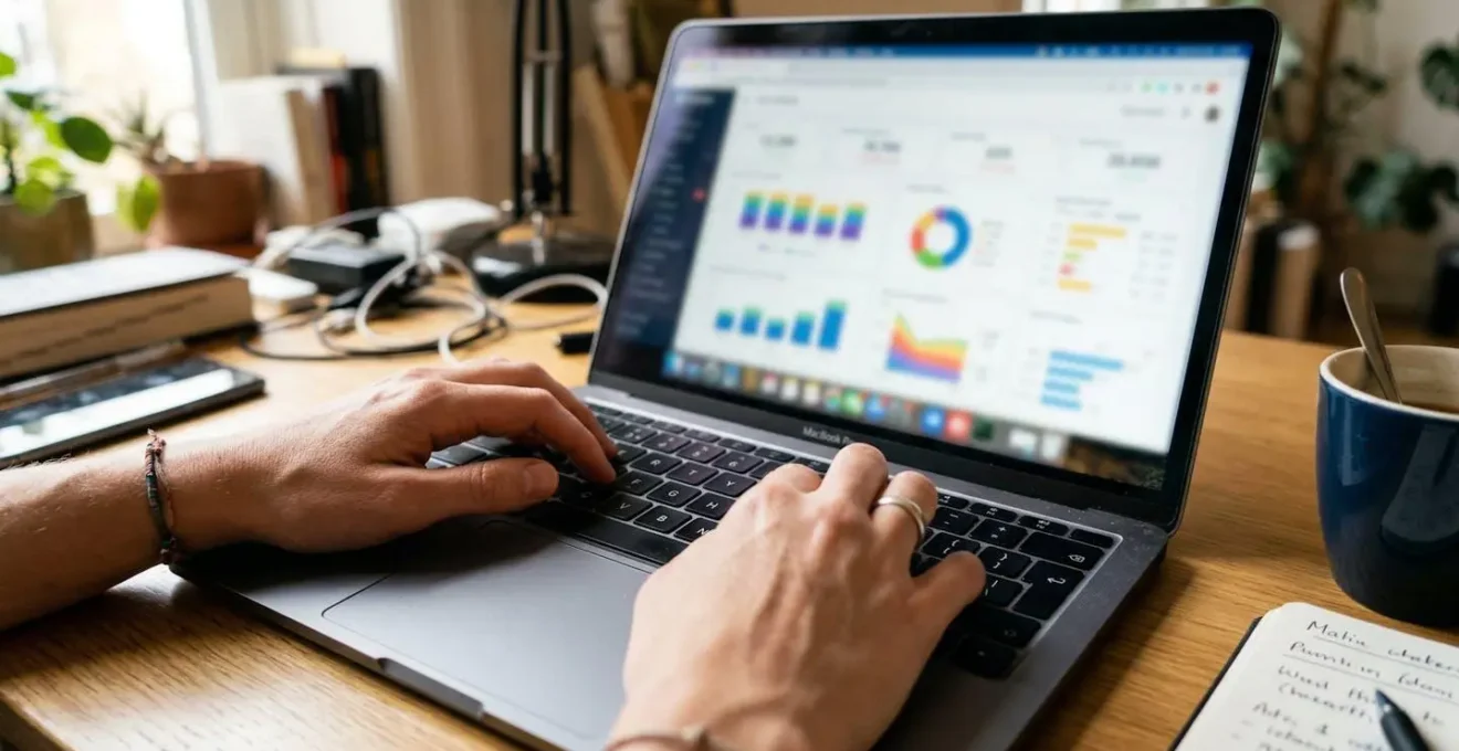 Gros plan sur des mains posées sur un clavier d'ordinateur portable, écran flouté affichant des graphiques, dans un environnement de bureau à domicile.