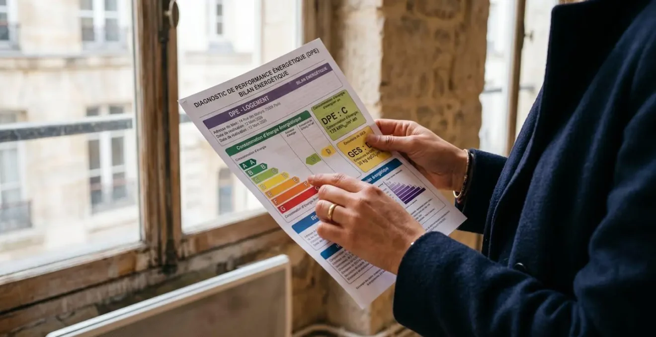 Gros plan sur un document de diagnostic de performance énergétique posé sur une table lors d'une visite de logement