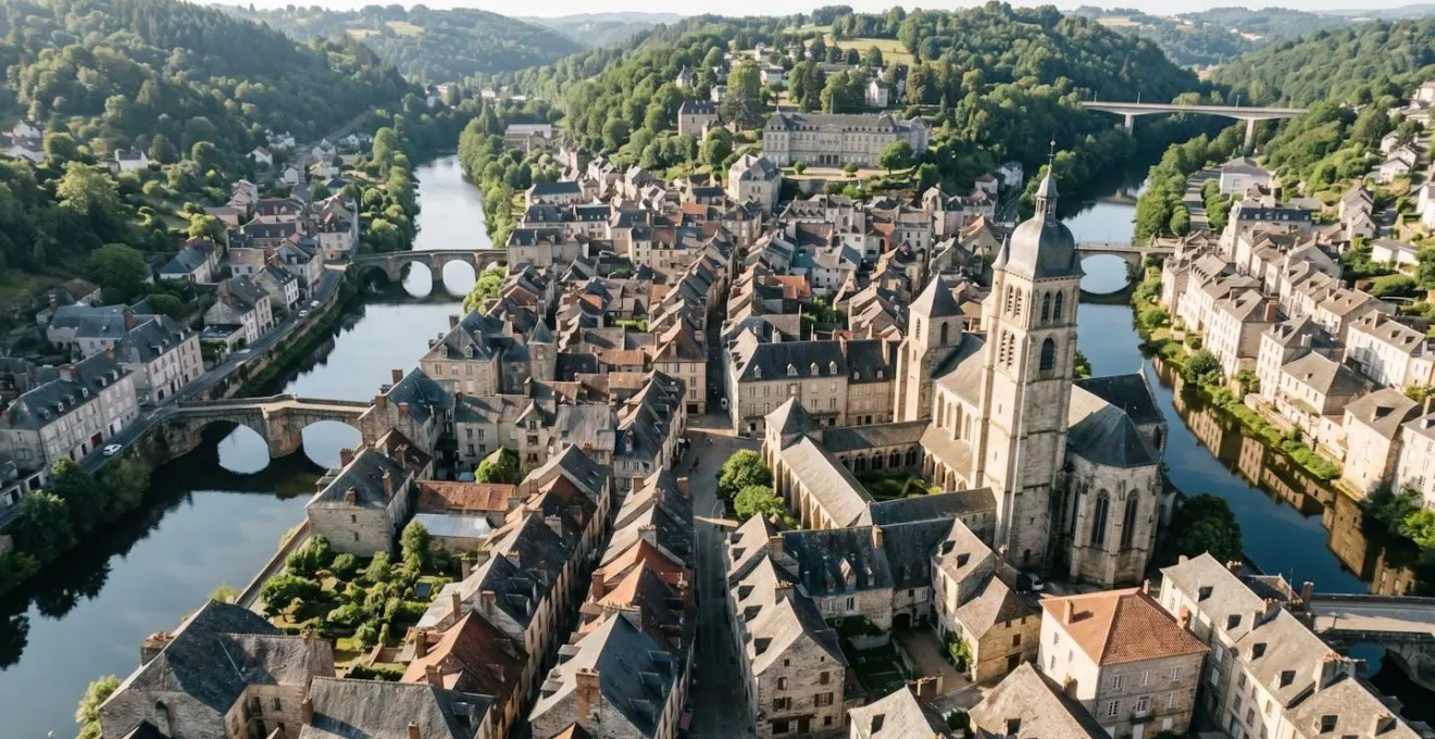 Vue sur les toits du centre historique de Tulle avec ses maisons en pierre et le clocher de la cathédrale en arrière-plan